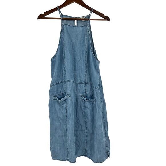 American eagle chambray blue high neck shift dress front pockets size large - Picture 2 of 10